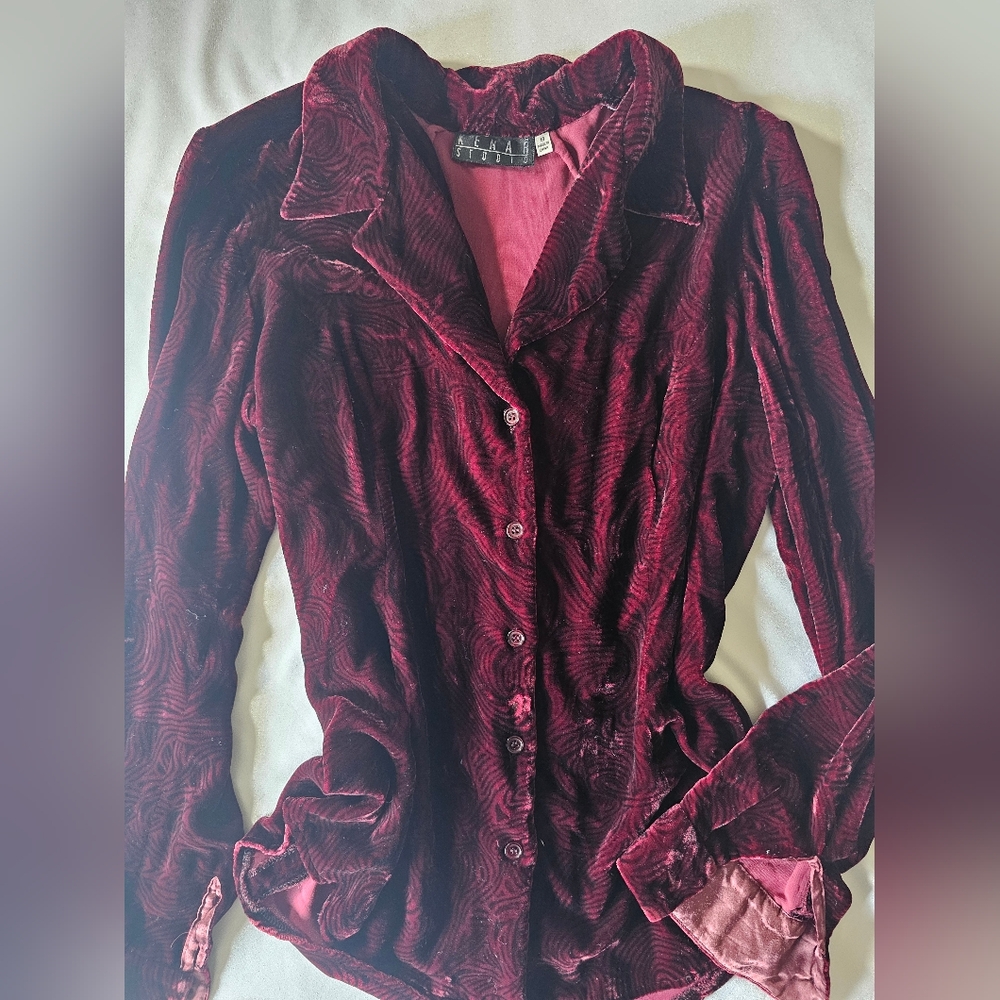 Vintage Kenar Studio Crush Velvet Button Up Top Size 8 Wine